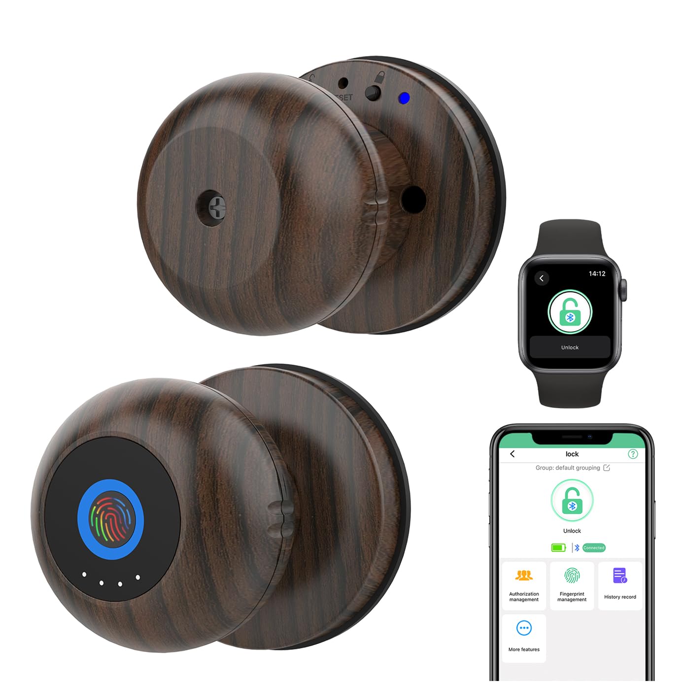 Fingerprint Door Knob Ball Lock eLinkSmart Keyless Entry Digital Door Lock Wood Grain Metal Fingerprint Door Knob for Bedroom Apartment, eSmartLock App, Support Phone & iOS Watch