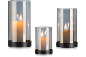 Inweder Hurricane Candle Holder for Pillar Candles: Grey Glass Hurricane Candle Holder 3Pcs Pillar Candle Holder for Tables Black Candle Holder Modern Candle Holder for Dining Table Living Room Home