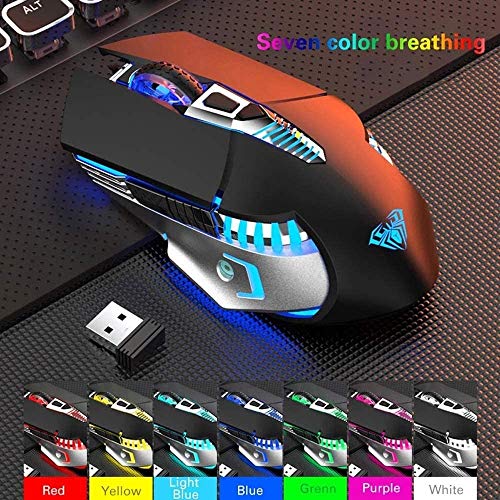Bluetooth Mouse, Rechargeable Wireless Mouse with Side Button, Multi-Device(3-Mode:BT5.0/3.0 + 2.4Ghz), 7 Color LED Lights, Ergonomic Gaming Mice for PC Computer Laptop Mac Tablet(Black - Mute)