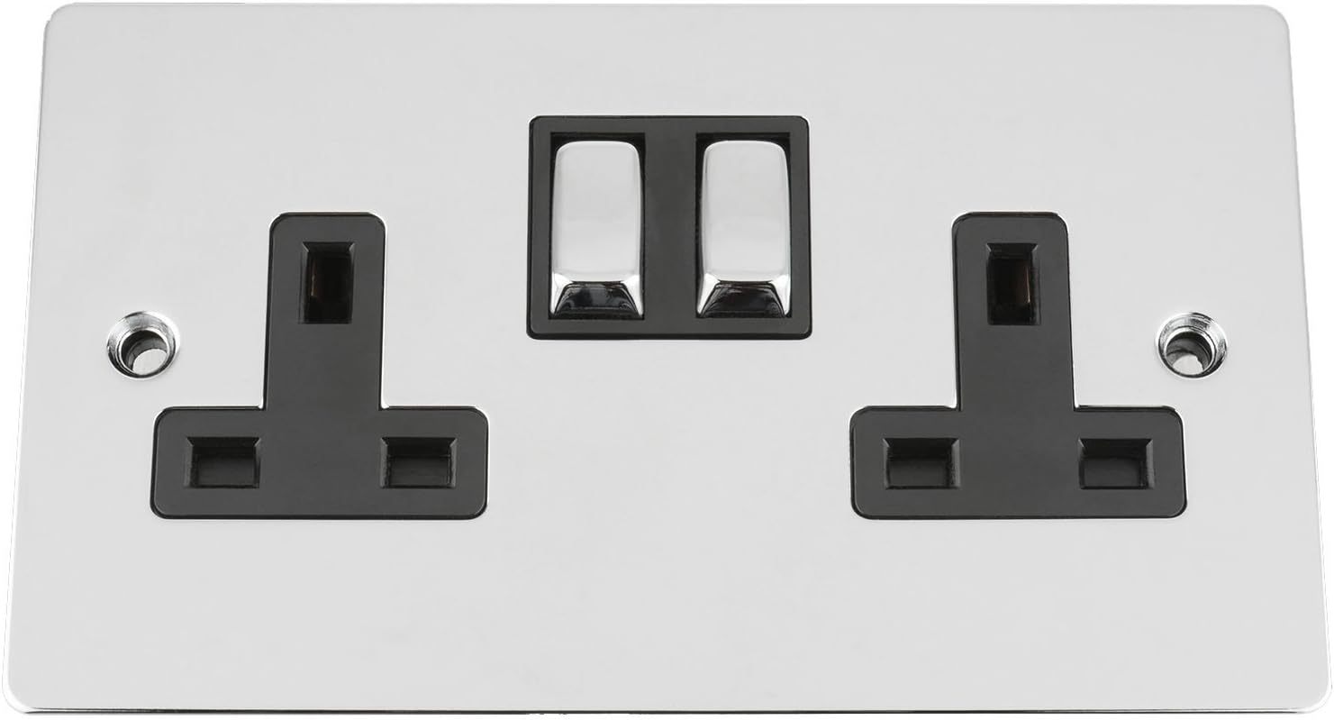 Wall Double Plug Socket 2 Gang 13A -Polished Chrome -Flat -Black Insert -Metal Rocker Switch, White,Black