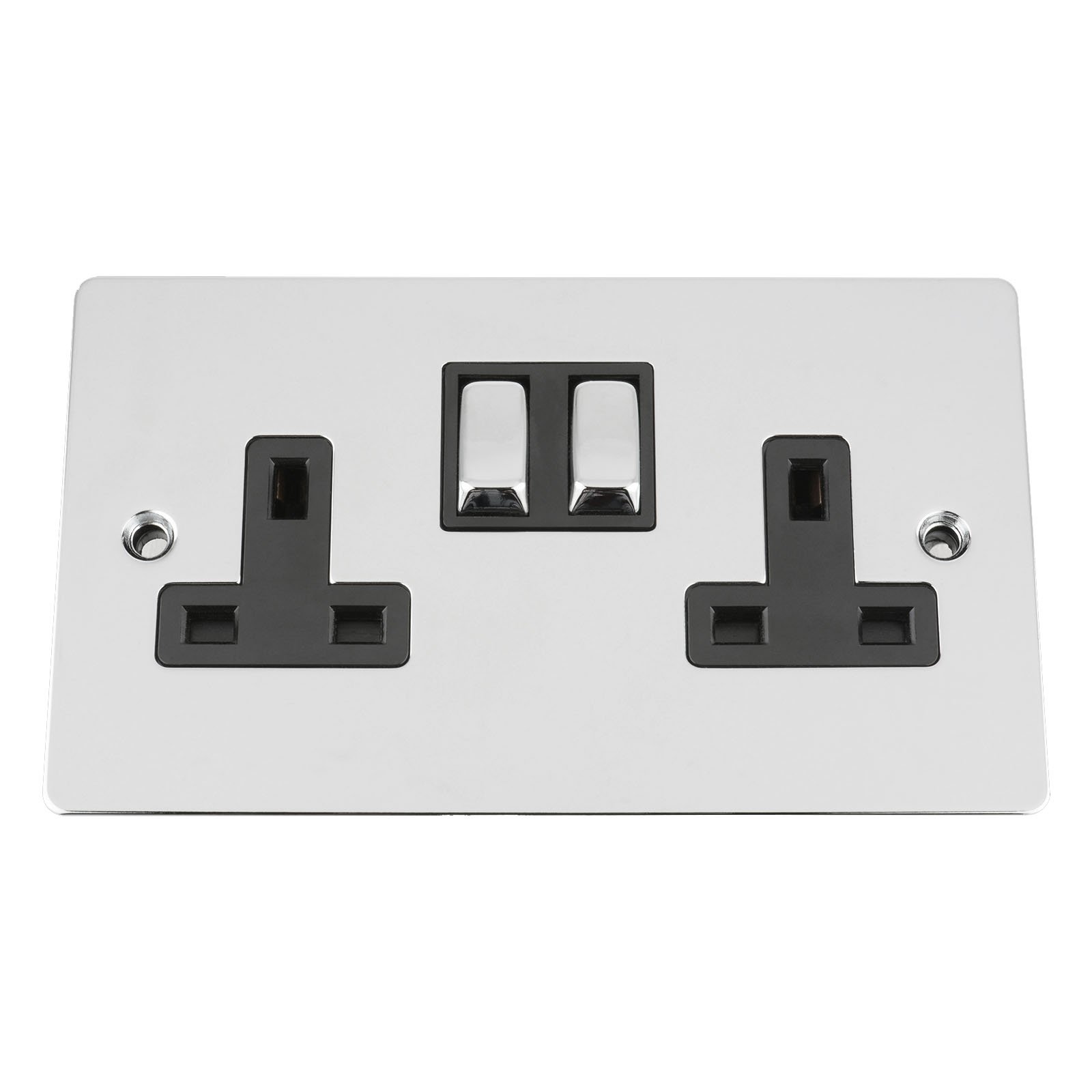 Wall Double Plug Socket 2 Gang 13A -Polished Chrome -Flat -Black Insert -Metal Rocker Switch