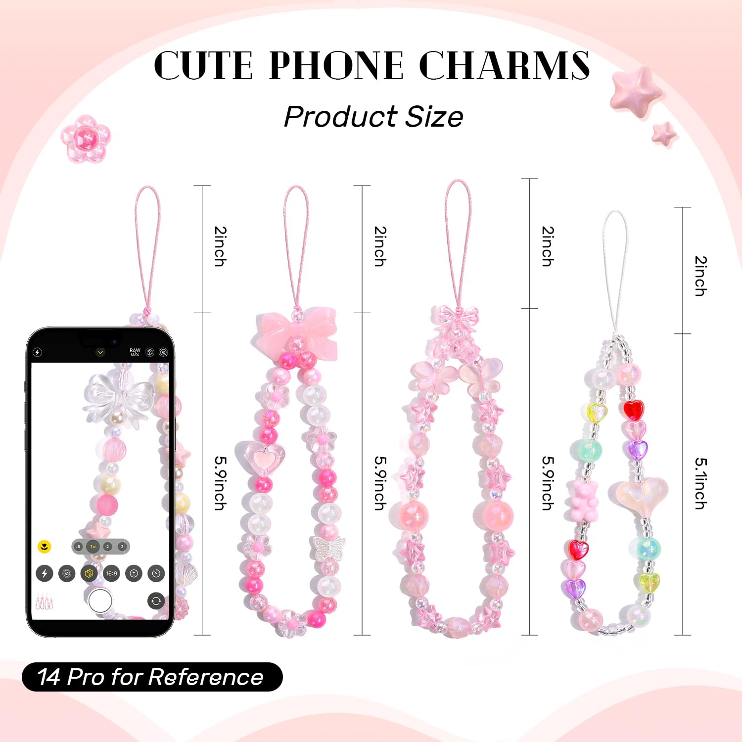 4 PCS Cute Phone Charms Aesthetic Y2K Cellphone Wrist Strap Bedazzling Bear Bow Butterfly Heart Star Flower Accessories Pink Beaded Anti-Theft Chain String for Bag Keychain Airpods Decor