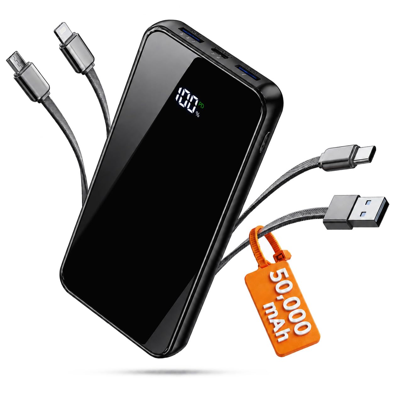 Portable Charger Power Bank, 50,000mAh with Reinforced Built-in 4 Cables, 22.5W Fast Charging,6 Outputs 2 Input,USB C External Phone Battery Pack for iPhone iPad Samsung,Travel Camping Essential