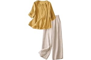 2 Piece Linen Sets for Women Summer Travel Holiday Lounge Outfits Loose Casual 3/4 Sleeve Shirts Wide Leg Pants Set