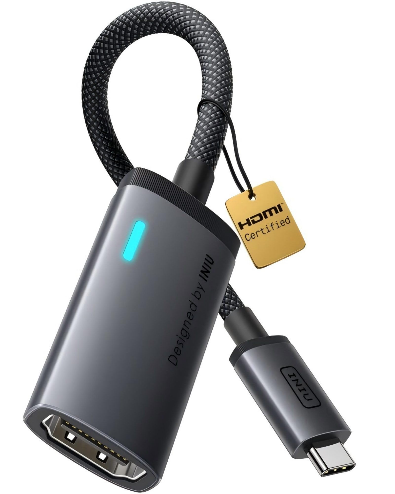 INIU USB C auf HDMI Adapter, Offiziell HDMI-zertifiziert mit intelligenter Diagnose-LED, 4K@60Hz kompatibel mit Thunderbolt 3/4 für MacBook Neo iMac iPad iPhone 17 16 Samsung Steam Deck Gaming-Monitor