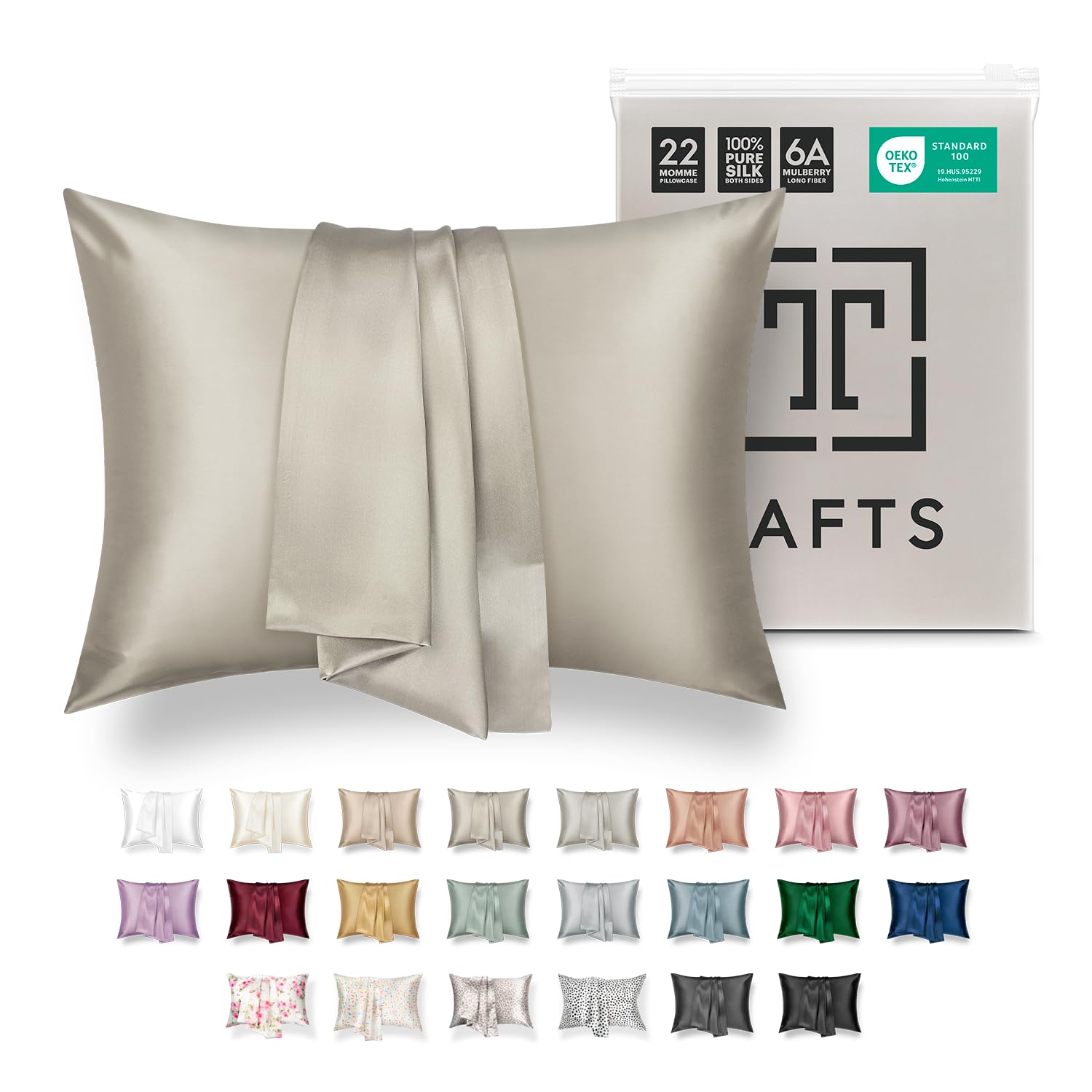 Tafts Silk Pillow Case - 22mm 100% Pure Mulberry 6A Silk, Cooling, Natural, Organic, Zipper Closure (Taupe, Queen 20x30 1pc)