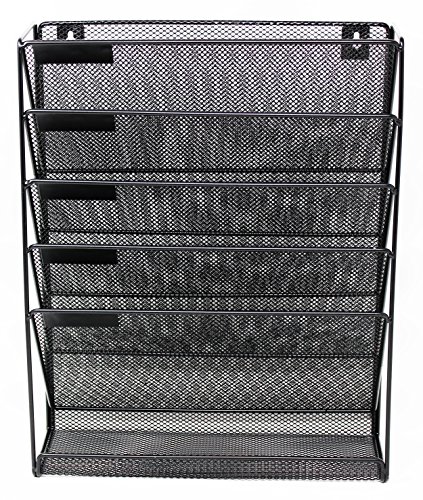 Executive Office Solutions Mesh Wall Mounted Hanging Document & File Organizer - 5 Compartment Vertical Magazine Rack & Mail Sorter/Holder Tray - Black (WF-1)