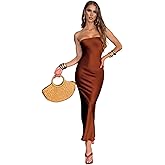 JUMISEE Women's Satin Strapless Maxi Dress Sexy Sleeveless Backless Draped Bodycon Long Cocktail Evening Party Dress
