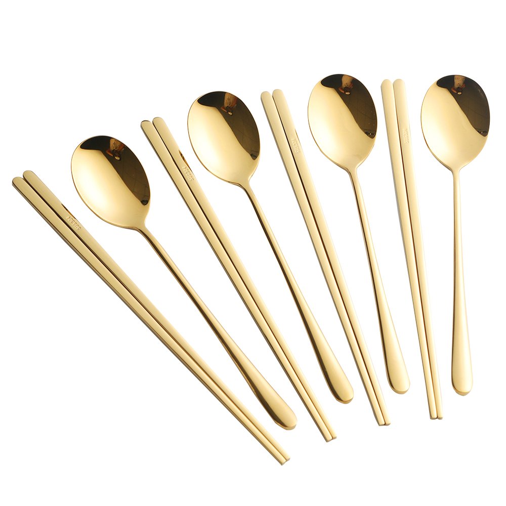 Buyer Star 4 Set Spoons and Chopsticks Dinner Set Stainless Steel Korean Chopsticks Spoons Set (8 Pieces Gold)
