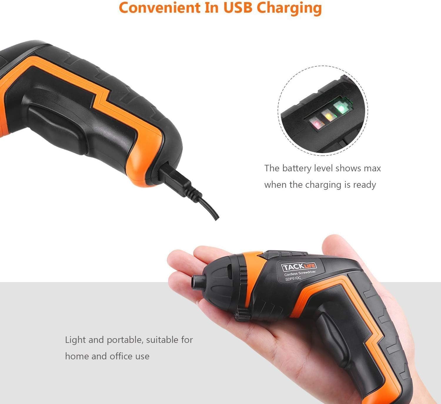 TACKLIFE SDP51DC Electric Screwdriver, 3.6V MAX 2.0Ah Li-ion Cordless Screwdriver Rechargeable, 4N.m, 33pcs Accessories, USB Fast Charging, With LED, for Mounting Furniture, Shelves, Mini-blind etc.: Home Improvement