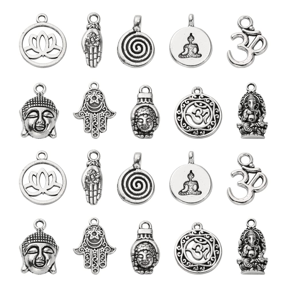DanLingJewelry 100Pcs 10 Styles Religion Charms - Buddha, Om, Lotus, Hamsa Hand, Vintage for Jewelry Making DIY