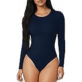 MANGOPOP Round Neck Long Sleeve Short Sleeve Bodysuits for Women Basic Body Suit Shirts Tops