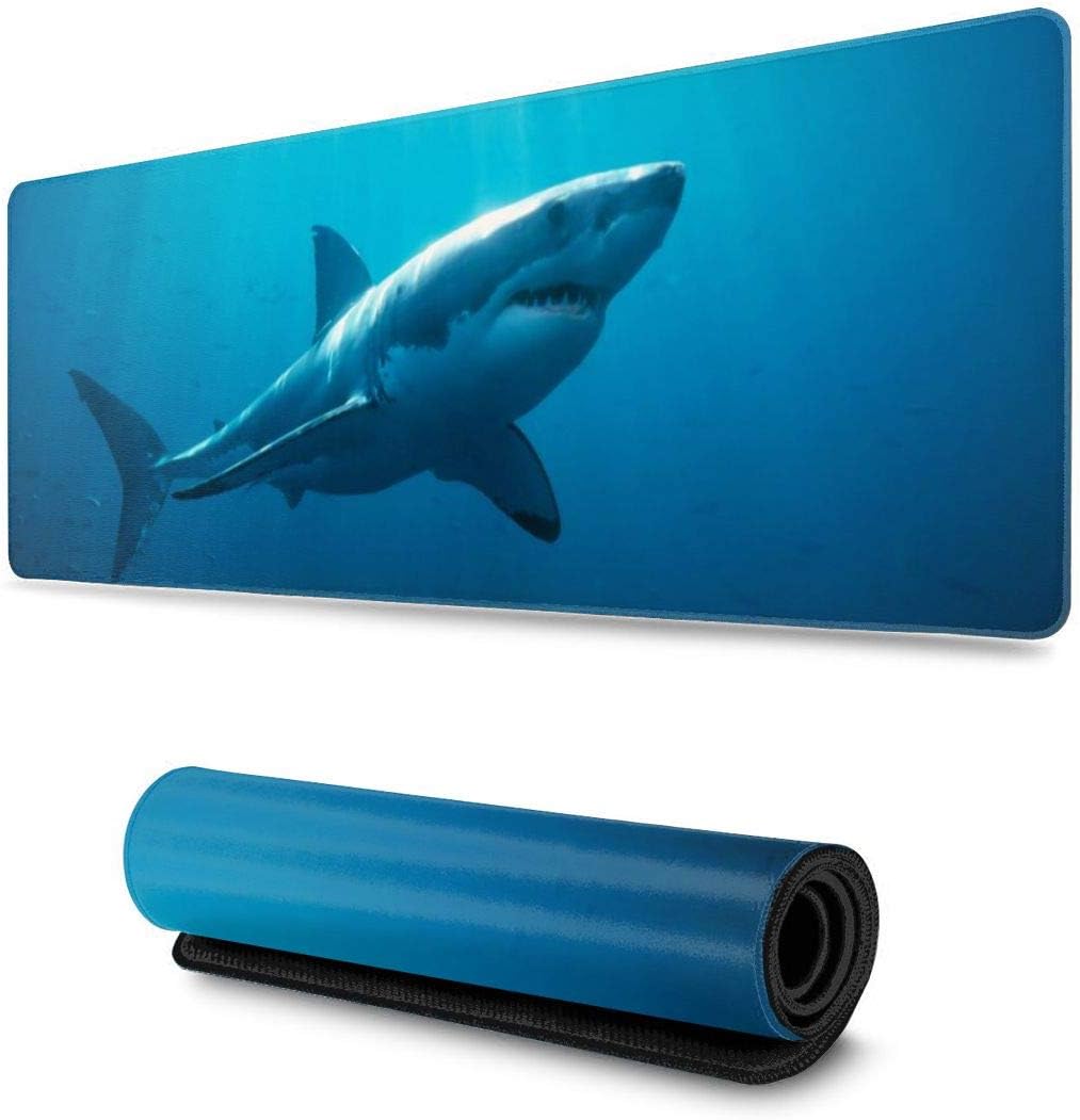 AMBER SMITH Large Gaming Mouse Pad - Great White Shark XXL Mouse Mat 35.5"x12" Anti-Fray Stitching for Professional Esports with Low-Friction Tracking Surface and Non-Slip Backing