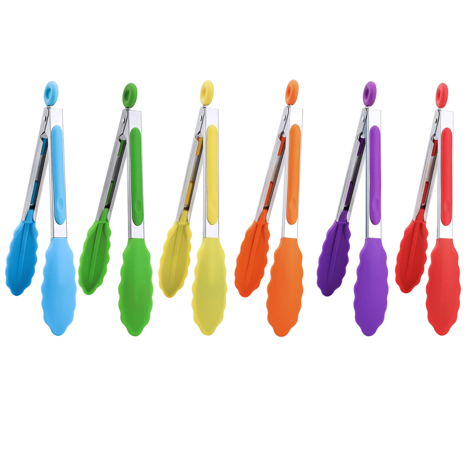 MSY BIGSUNNY 7" Mini Silicone Serving Tongs Set of 6 (Purple red Orange Green Yellow Blue)