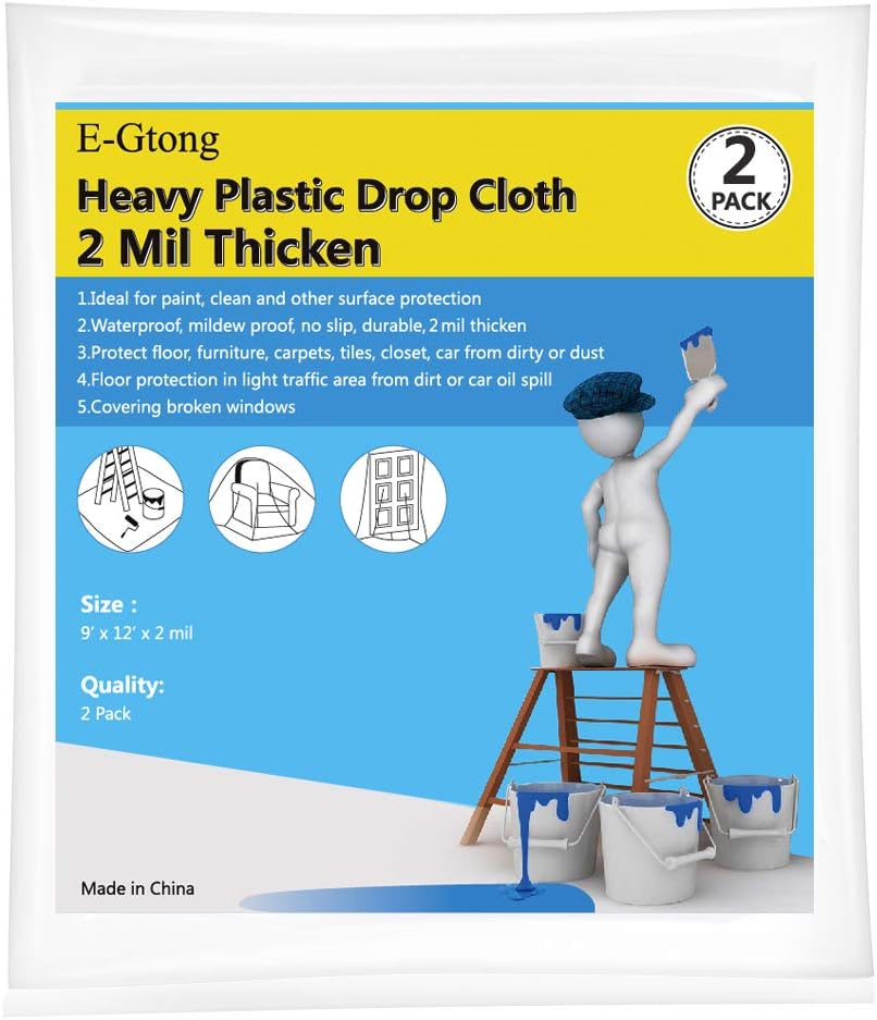 E-Gtong 2-Pack 4 Mil Plastic Drop Cloth, 9-Feet by 12-Feet Waterproof Heavy Duty Clear Plastic Tarp, Plastic Painting Tarp, Plastic Sheeting for Furniture, Wall Painting, Patio - - 