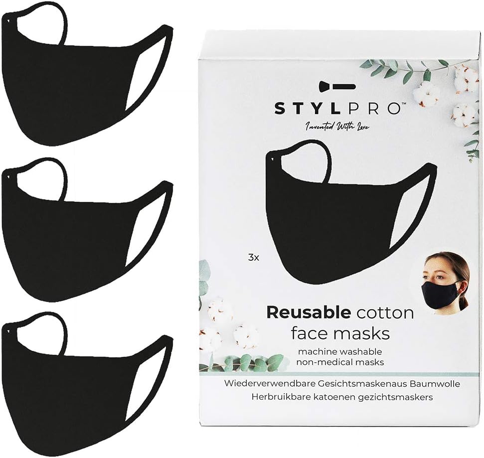 stylPro Reusable Cotton Face Masks - Black, FM3BL
