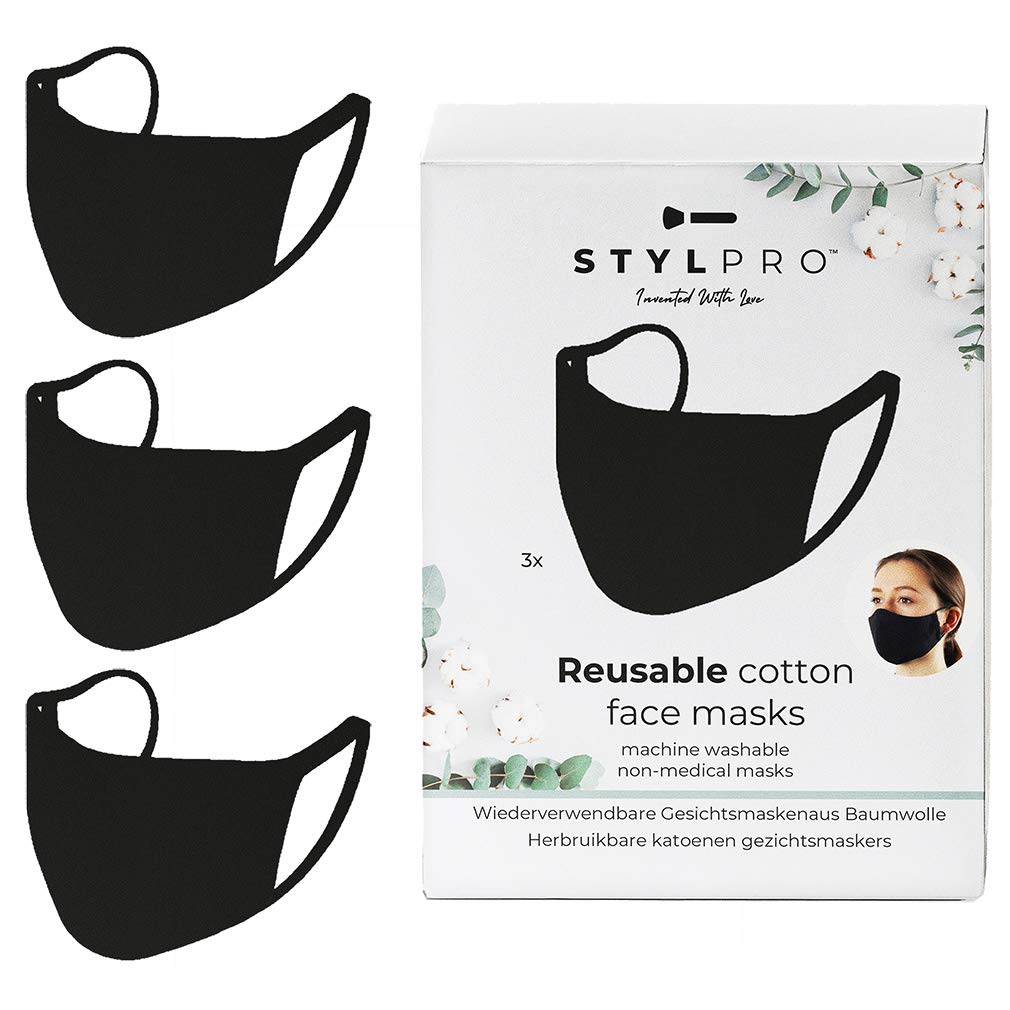 stylPro Reusable Cotton Face Masks - Black, FM3BL