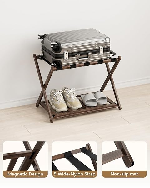 HONYQISHUO LUGGAGE RACK FOR GUEST ROOM, FOLDING SUITCASE STAND WITH STORAGE SHELF 5 NYLON STRAPS FOLDABLE FOR EASY STORAGE BAMBOO STAND HOLDER SHELF FOR BEDROOM LIVING ROOM HOTEL ESSENTIALS BROWN