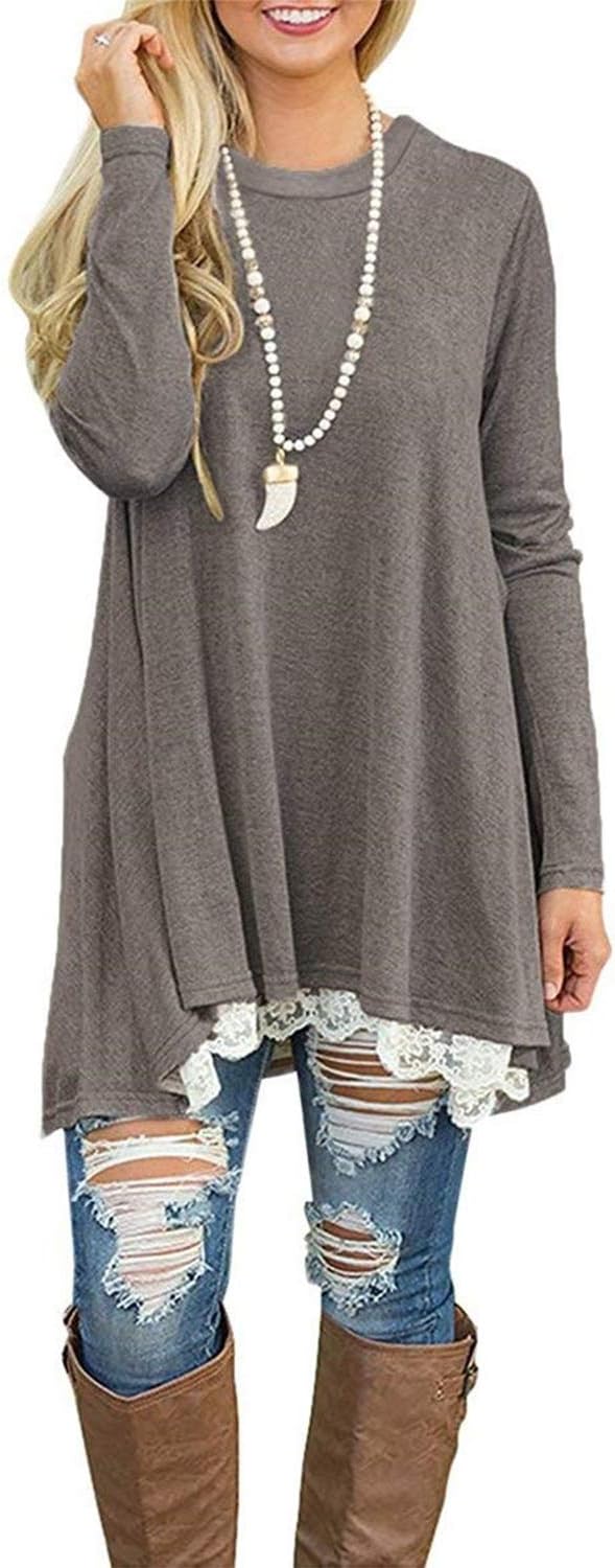 Womens Lace Casual Long Sleeve Tunic Tops Loose Blouse T Shirt