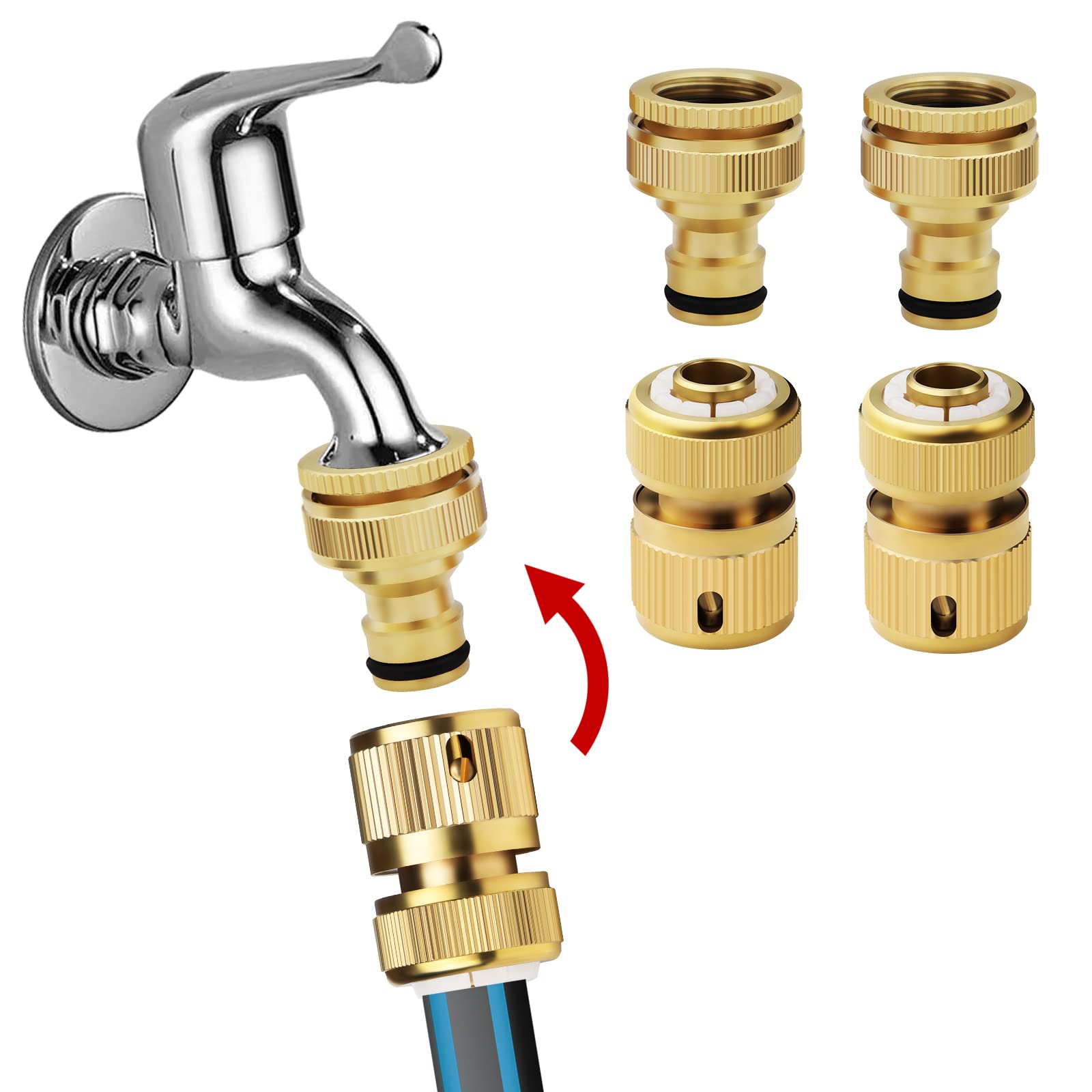 Mdlufee Brass Hose Tap Connectors - 1/2 Inch & 3/4 Inch 2in1 Faucet Adapter, Quick Connector for Car Washing & Hose Connection (4 pcs)