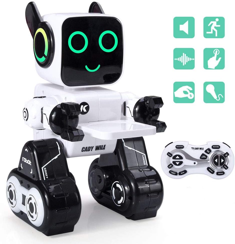 Remote Control Robot Toy for Boys Girls Interactive Programmable Rechargeable RC Robot for Kids, Touch & Sound Control, Speaks, Dance Moves, Plays Music, Built-in Coin Bank Robots Toy - White/Black