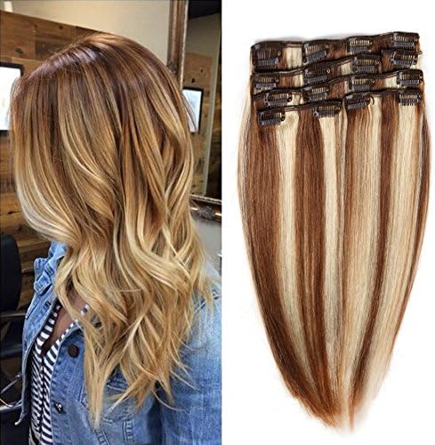 22" Clip in Extension Real Human Hair Clip Extensions Remy Hair Double Weft Brown/Blonde Highlights #6-613 7 Pieces 100gram/3.5oz