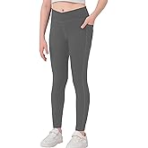 MEJING Girls Crossover Yoga Pants, Kids Athletic Leggings with Pockets, Teen Girls Dance Running Workout Leggings