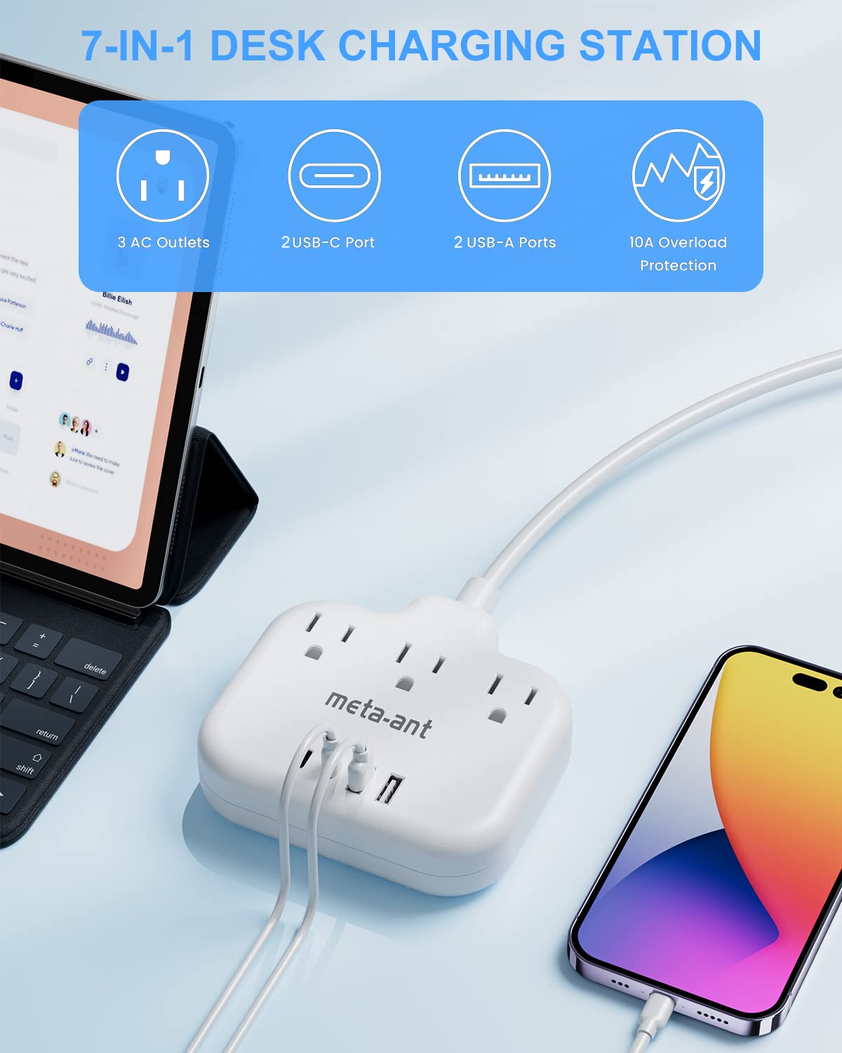 US to Japan Adapter, meta-ant 2 Prong to 3 Prong Outlet Adapter with 3 Outlets & 4 USB(2 USB-C), 5FT Extension Cord, 180 Rotating Flat Plug 1875W, Type A Plug Adapter for USA to Japanese China Canada