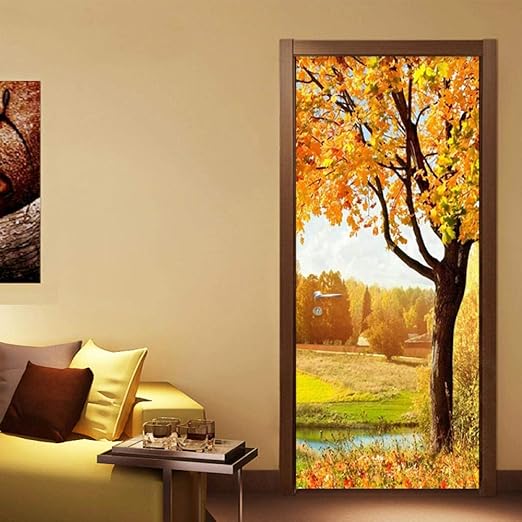 Etiqueta De La Puerta De Pared 3d Pintura Otono Dorado Paisaje