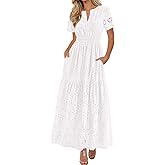 PRETTYGARDEN Womens Spring Maxi Dress Short Sleeve V Neck Cotton Hollow Out A Line Beach Vacation Long Dresses with Pockets
