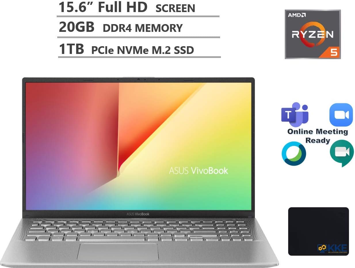 ASUS Vivobook Laptop, 15.6” Full HD Screen, AMD Ryzen 5-3500U Processor up to 3.7GHz, 20GB RAM, 1TB PCIe SSD, Webcam, WiFi, Bluetooth, Webex/Zoom Meeting Ready, Win 10 Home, Silver, KKE Mousepad