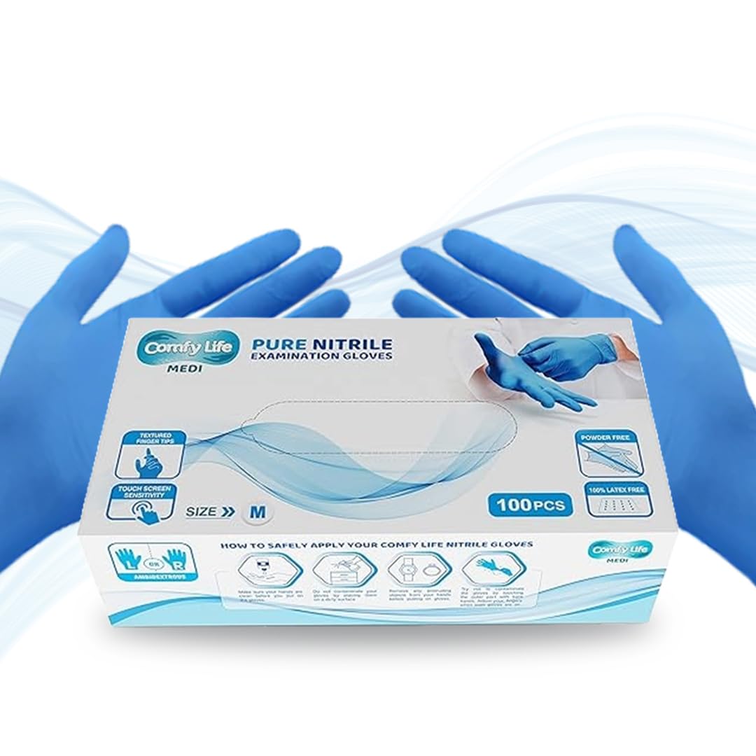 Comfy Life MEDI Pure Nitrile Gloves - Latex & Powder Free Disposable Examination Glove - Pack of 100 Medium Blue Nitrile Gloves