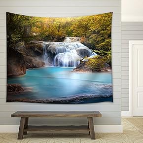 Sunlight Through Tree Leaves Lights Beautiful Waterfall in Forest - Fabric Wall Tapestry Home Decor - 51x60 inches