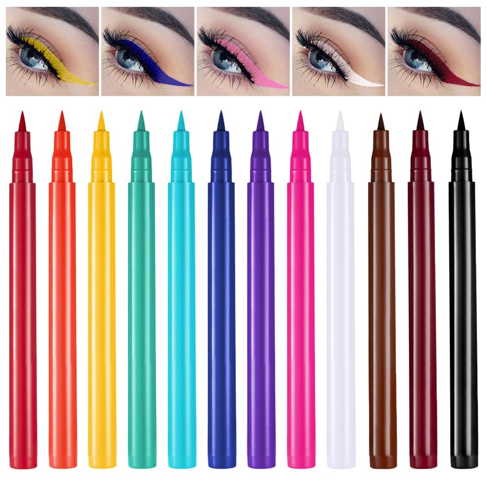 12 Coloured Liquid Eyeliner Set - Rainbow Colorful Eyeliner Pencils, Matte Finish, Long-lasting & Waterproof, Smudge-Proof, Perfect for Christmas & Masquerade Makeup