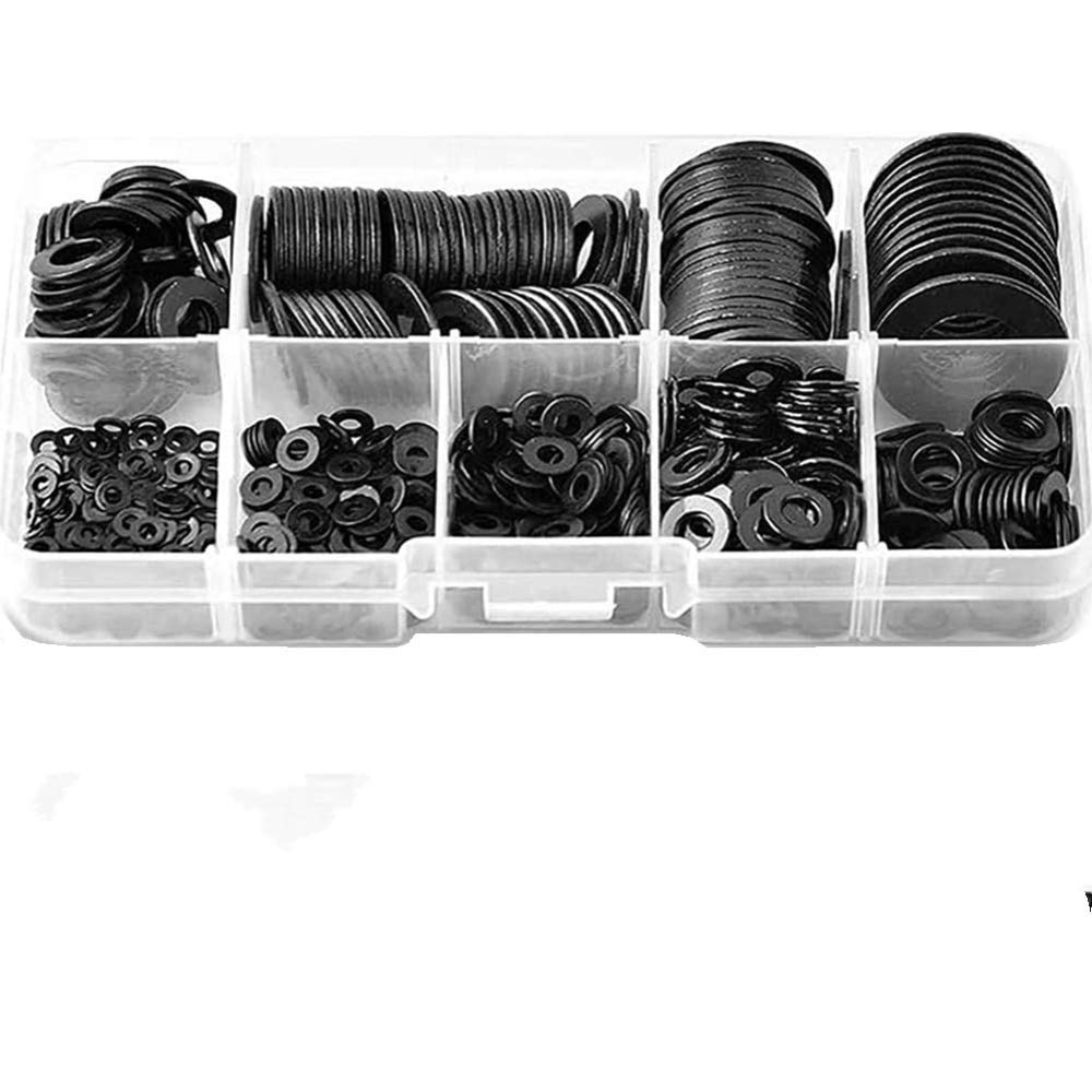 684 Pcs Black Washers Assortment M2 M2.5 M3 M4 M5 M6 M8 M10 M12 Metal Gaskets Set for Screws, Rust-Proof Metal Flat Washers Round Spacer Assorted for Plumbing, Tap, Bolt, Wood Screws etc