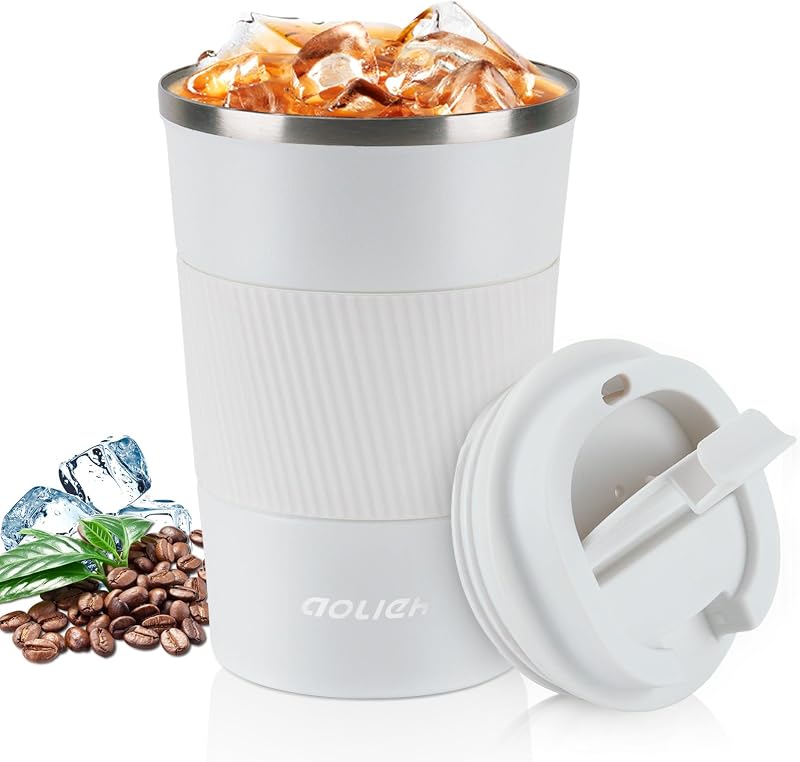 Aolieh Travel Mug 380 ml Stainless Steel Insulated Cup with Lid White