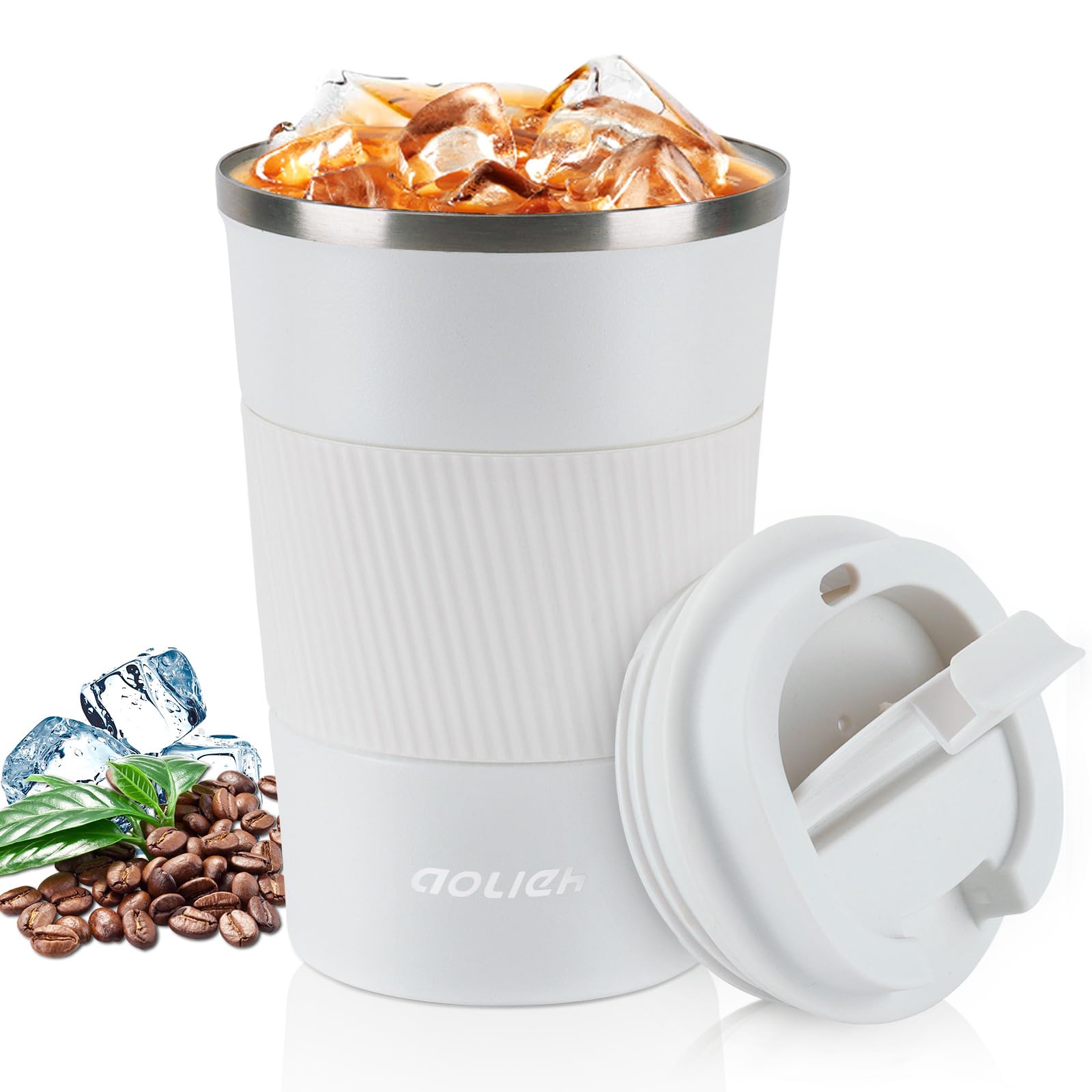 Aolieh Travel Mug, Insulated Coffee Cup with Lid, Reusable Double Walled Vacuum Flask Leakproof Coffee Mug, Stainless Steel Thermal Cup for Hot Cold Drinks, Coffee, Tea and Beer, White 380ml