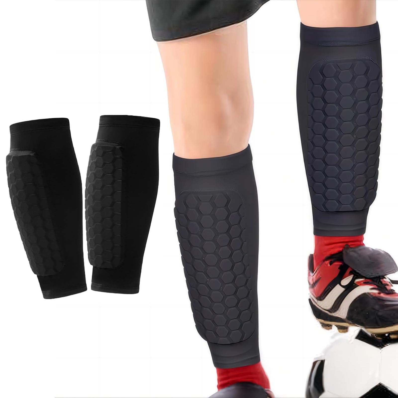 Shin Defender Kids - Enhanced Protection Shin Pads for Football, Kids & Adults - XL Size, Honeycomb Anti-Collision, Breathable Shin Pad Sleeves for Sports