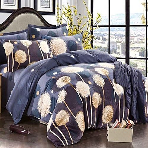 wiwanshop 4pcs Pure Cotton Sanding Dandelion Printed Thicken Bedding Sets Duvet Cover ( Queen Size )