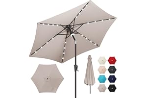 AckMizz 7.5ft Solar Umbrella Outdoor - Lighted Patio Umbrella with 24 LED Lights Waterprool Uv Protection, Table Umbrella with Tilt & Crank for Pool, Porch, Garden, Deck, Backyard(Taupe)