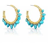 Genuine Turquoise Gold Hoop Earrings Handmade Statement Lightweight Real Western Jewelry for Valentine's Day Gift