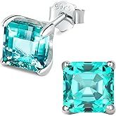 MAPLEDIARY Cubic Zirconia Stud Earrings, Unique Paraiba Blue/Sunshine Yellow Princess Cut Diamond, Crystal Clear Color CZ, White Gold plated S925 Sterling Silver