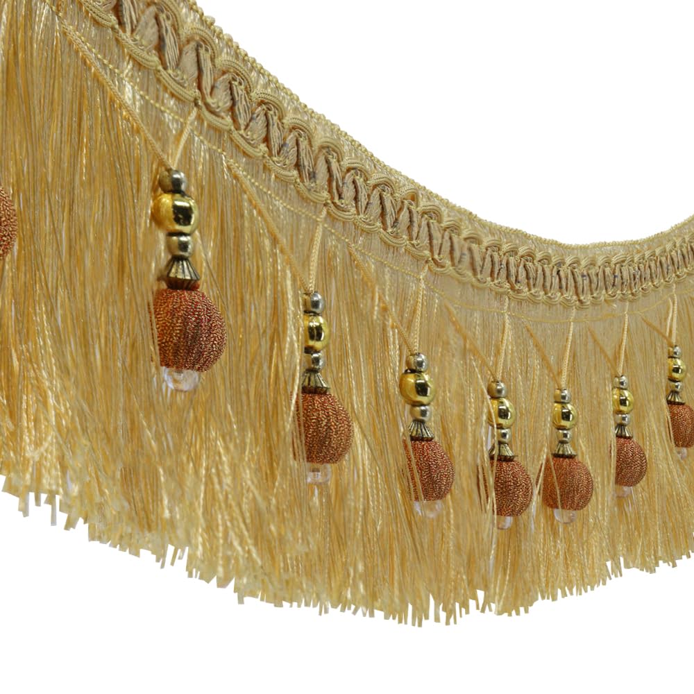 2yards Braided Beads Hanging Ball Tassel Fringe Trimming Applique Fabric Trimming Ribbon Band Curtain Table Wedding Decorated (Gold)
