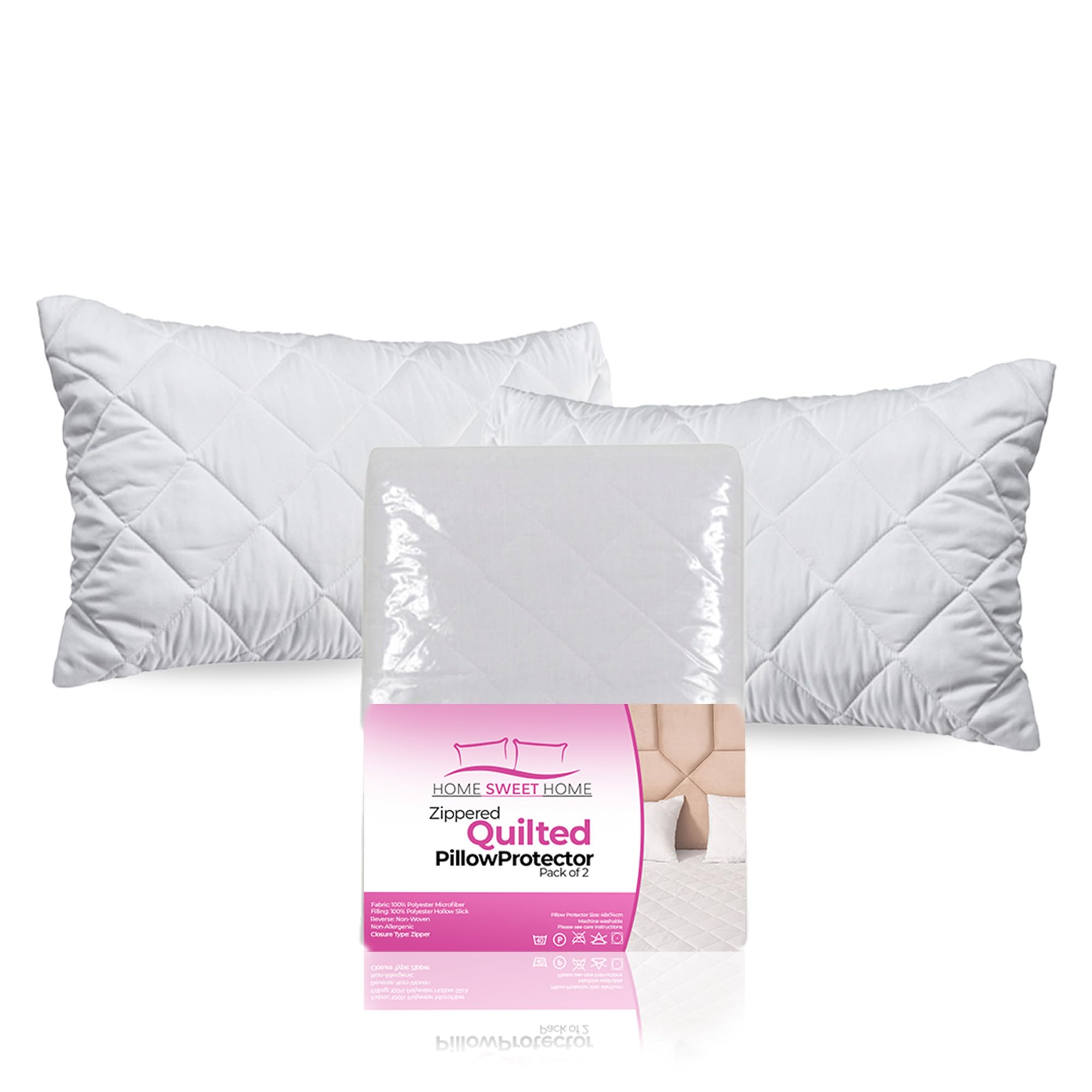 Home Sweet Home UK Zippered Pillow Protectors 2 Pack - 100% Soft & Breathable Microfiber Quilted Pillow Protectors - Hypoallergenic & Noiseless Pillow Case Protectors White 48cm x 74cm
