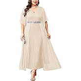 ZOMVA Plus Size Formal Dress V Neck Chiffon Handkerchief Sleeve Mother of Bride Dresses Wedding Guest Party Evening Gown
