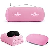urnexttour 4-in-1 Travel Pillow & Blanket Set with Eye Mask, Memory Foam Neck Support, 50x65 Inch Blanket, Storage Bag for Airplane, Car, Train, Home Travel Pink