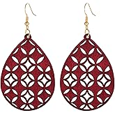 SMALLLOVE Bohemian Wooden Hollow African Earrings for Women Natural Light Weight Wood Teardrop Drop Dangle Hook Earrings