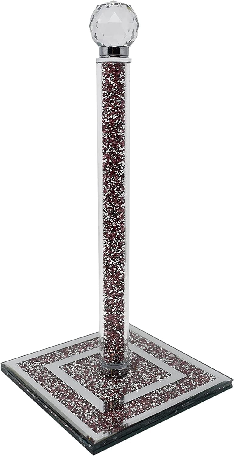 Pink Crushed Diamond Ornaments Crystal Filled Kitchen Roll Holder, 34cm, Diamante, Freestanding, Chrome/Paper Towel Holder/Free-Standing/Tissue Towel Stand, Home Decor