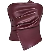 Milumia Women's Ruched PU Leather Tube Tops Strapless Asymmetrical Hem Party Club Top