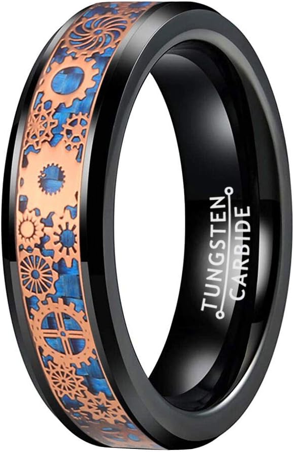Wow Jewelers 6mm 8mm Black Silver Red Blue Tungsten Rings for Men Women Wedding Bands Steampunk Gear Wheel Carbon Fiber Red Opal Inlay Beveled Edges Comfort Fit